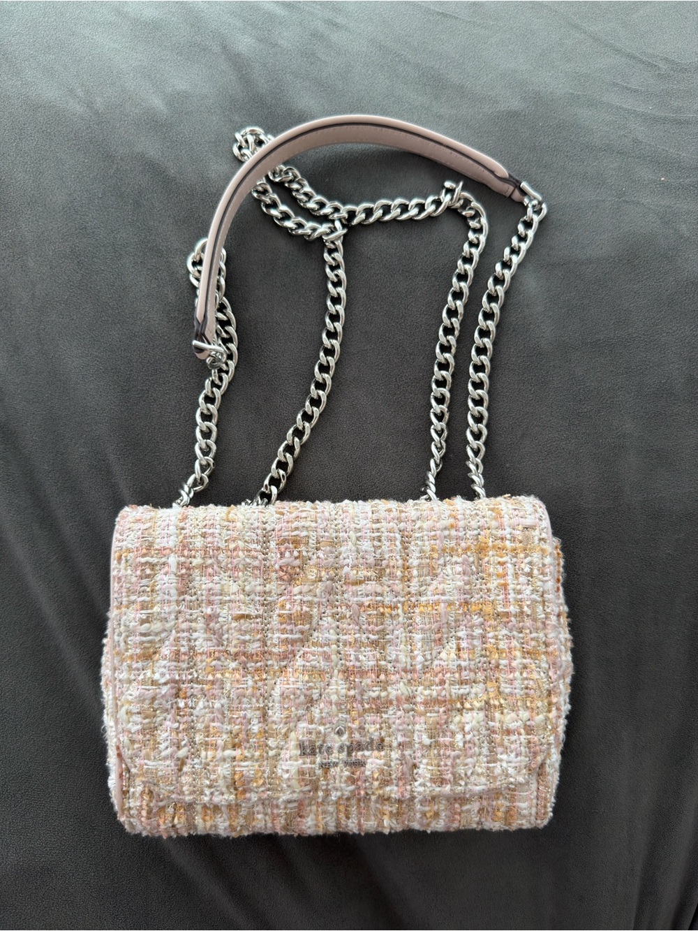 Kate Spade Pastel Pink Tweed Crossbody Bag with Silver Chain